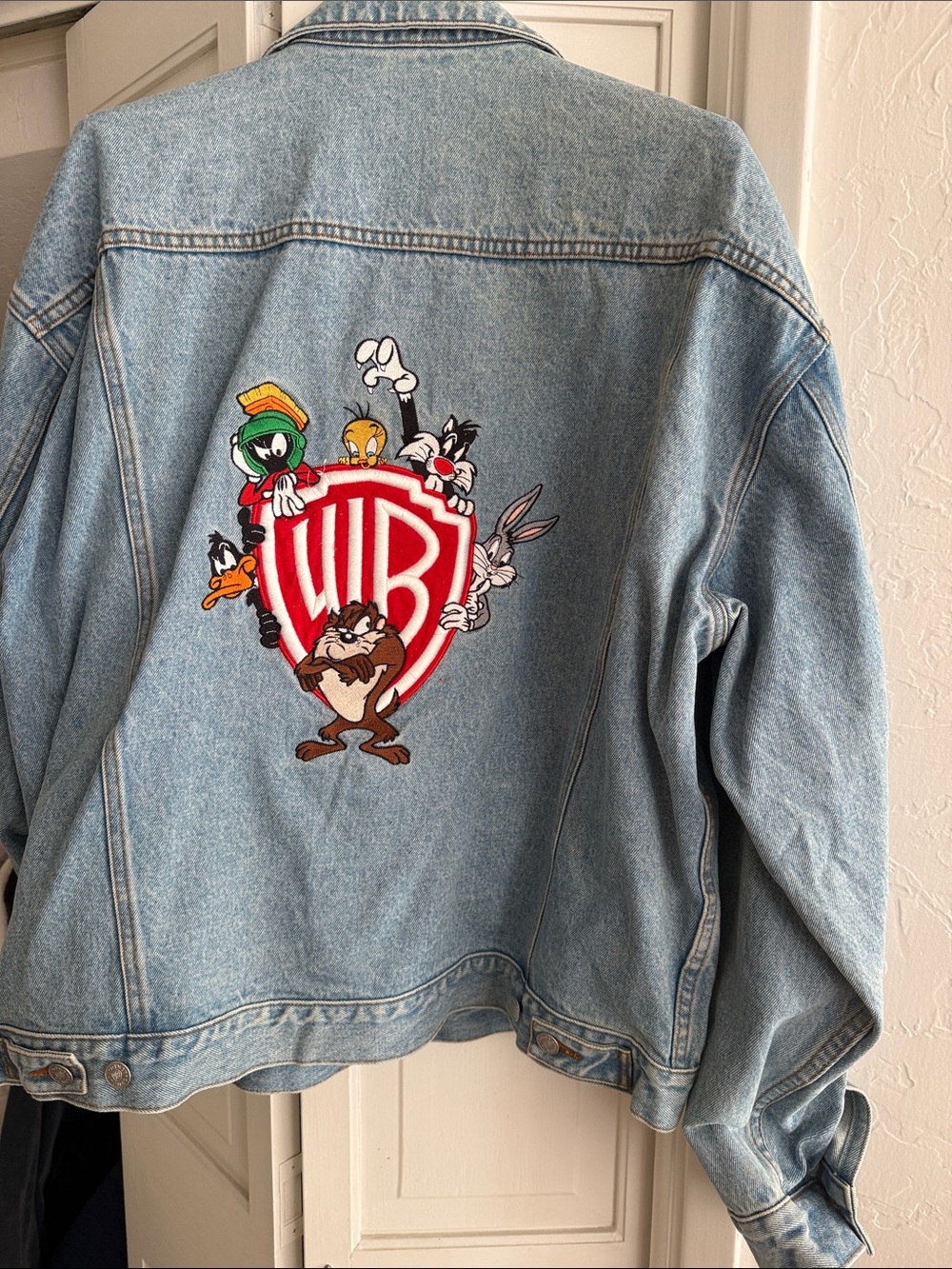 Warner Bros. Light Blue Denim Jacket with Colorful Looney Tunes Patch